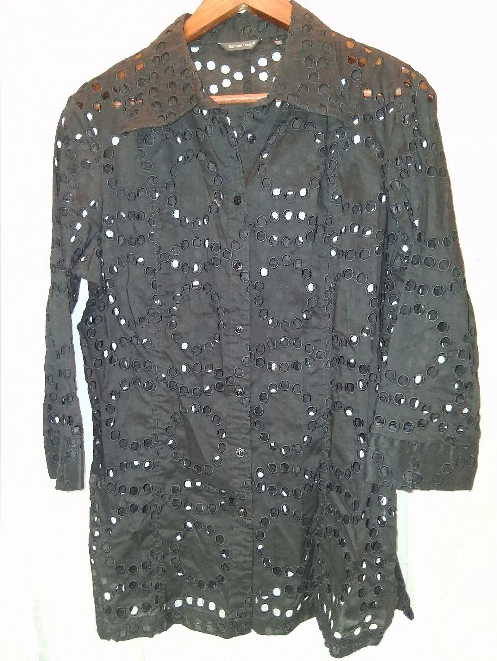 Samuel Dong Black Eyelet Button-Down Shirt Bathing Suit Coverup - Picture 1 of 4
